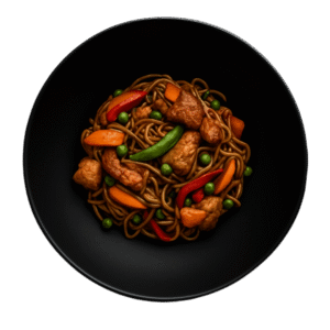 Sauté de poulet – Nouilles de blé – <br>Légumes croquants <br>( carottes, petits pois, courgettes)