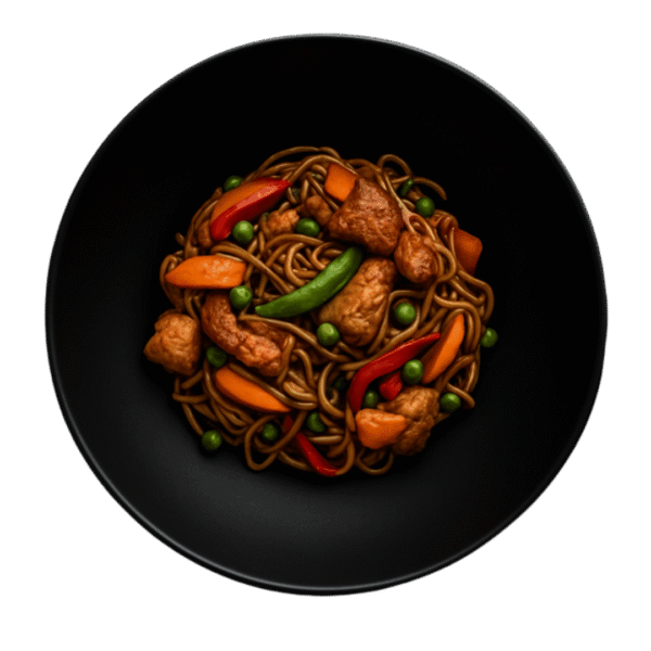 Sauté de poulet – Nouilles de blé – <br>Légumes croquants <br>( carottes, petits pois, courgettes)