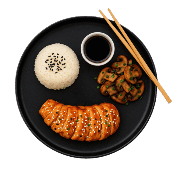 Poulet teriyaki <br>– Riz au sésame <br>– Shiitake