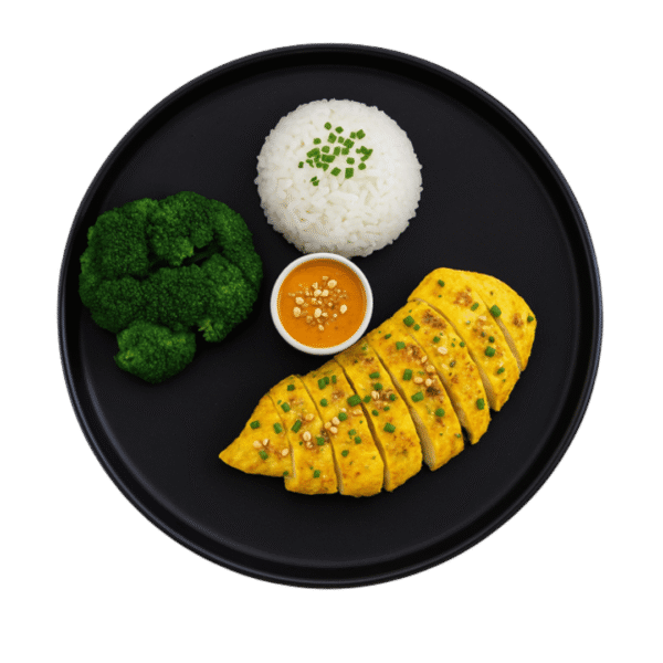 Poulet satay <br>– Riz basmati <br>– Brocoli