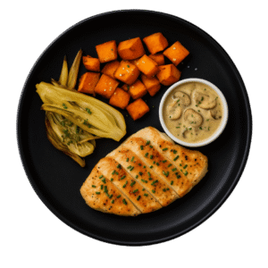 Poulet forestier –<br> Sauce légère aux champignons – <br>Patates douces rôties- fenoui rôti