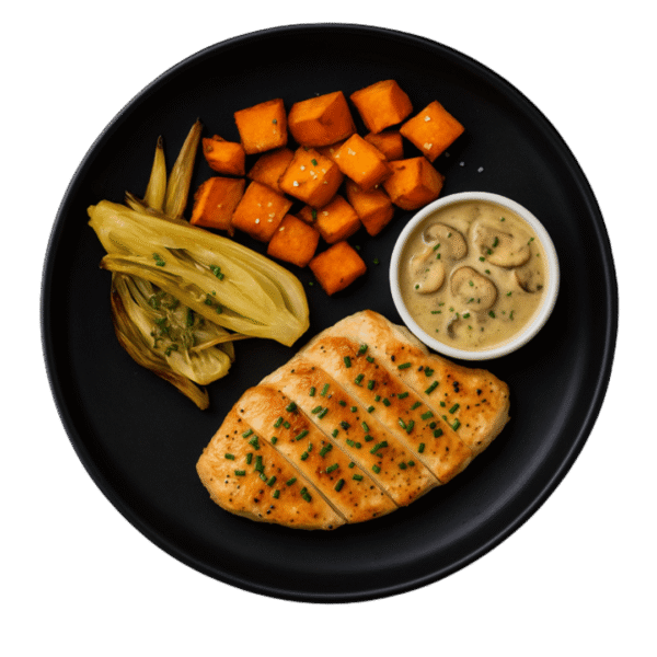Poulet forestier –<br> Sauce légère aux champignons – <br>Patates douces rôties- fenoui rôti
