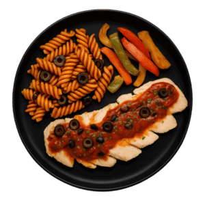 Dinde basse température à l’italienne <br>– Fusilli complètes<br> – Poivrons rôtis