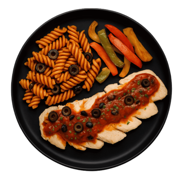 Dinde basse température à l’italienne <br>– Fusilli complètes<br> – Poivrons rôtis