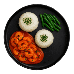 Crevettes au curry rouge <br>(courgette, haricots en 3)<br> – Riz jasmin