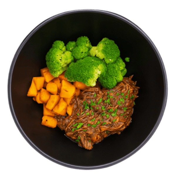 Effiloché de bœuf BBQ maison<br> – Patates douces & <br>carottes thym-miel