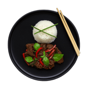 Sauté de bœuf basilic thaï <br>( petit brocoli, haricots en 3, poivrons)<br> – Riz jasmin