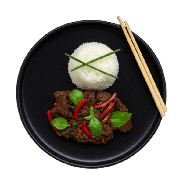 Sauté de bœuf basilic thaï <br>( petit brocoli, haricots en 3, poivrons)<br> – Riz jasmin