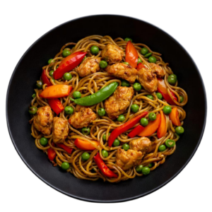 Sauté de poulet – Nouilles de blé – Légumes croquants ( carottes, petits pois, courgettes)