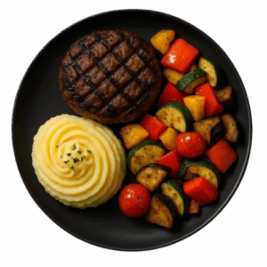 Steak haché 5%, purée de patate et légumes rôtis