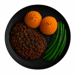 Hachis parmentier de boeuf purée de patate douce à l’huile de truffe et haricots croquant