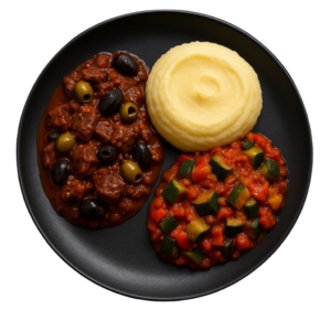 Boeuf mijoté aux olives purée de pomme de terre et ratatouille maison