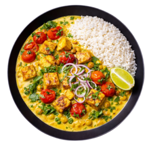 Tofu grillé en sauce crémeuse coco allégé 7%, épices, coriandre, pois chiches