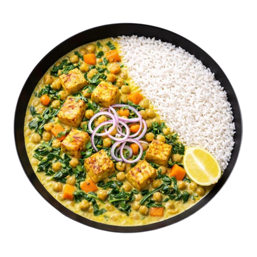 Tofu grillé en sauce crémeuse coco allégé 7%, épices, coriandre, pois chiches