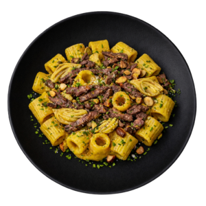 Mezze Maniche Integrali al Ragù di Manzo (Crema di carchiofi fatta in casa)