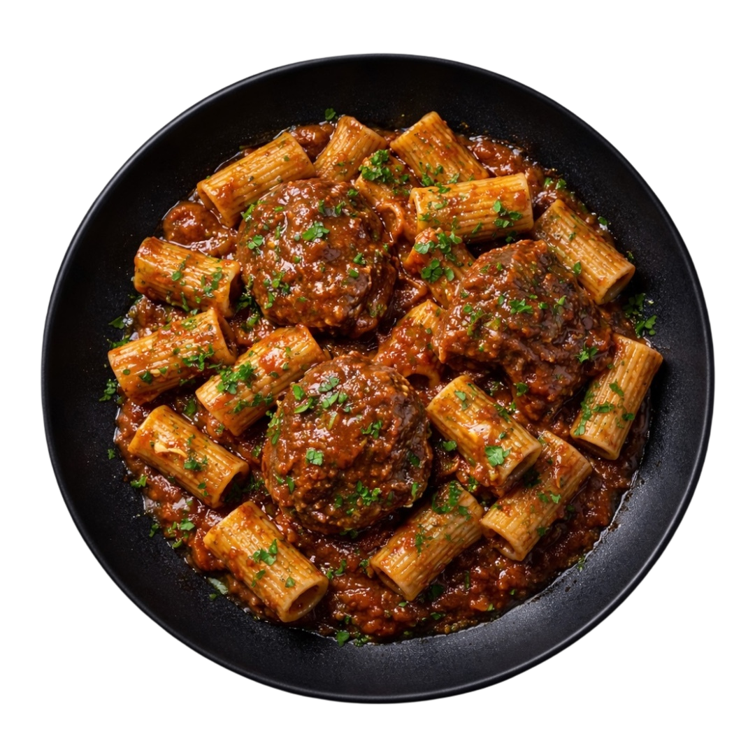 Rigatoni intégrales salsa pomodoro à la joue de bœuf