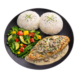 Poulet infusé au thym , riz jasmin , légumes croquants