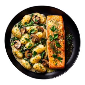 Saumon basse température snacké Gnocchis truffés aux champignons & épinards