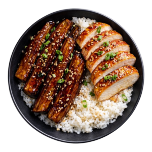 poitrine de poulet soja gingembre, aubergines miso-caramélisées riz jasmin