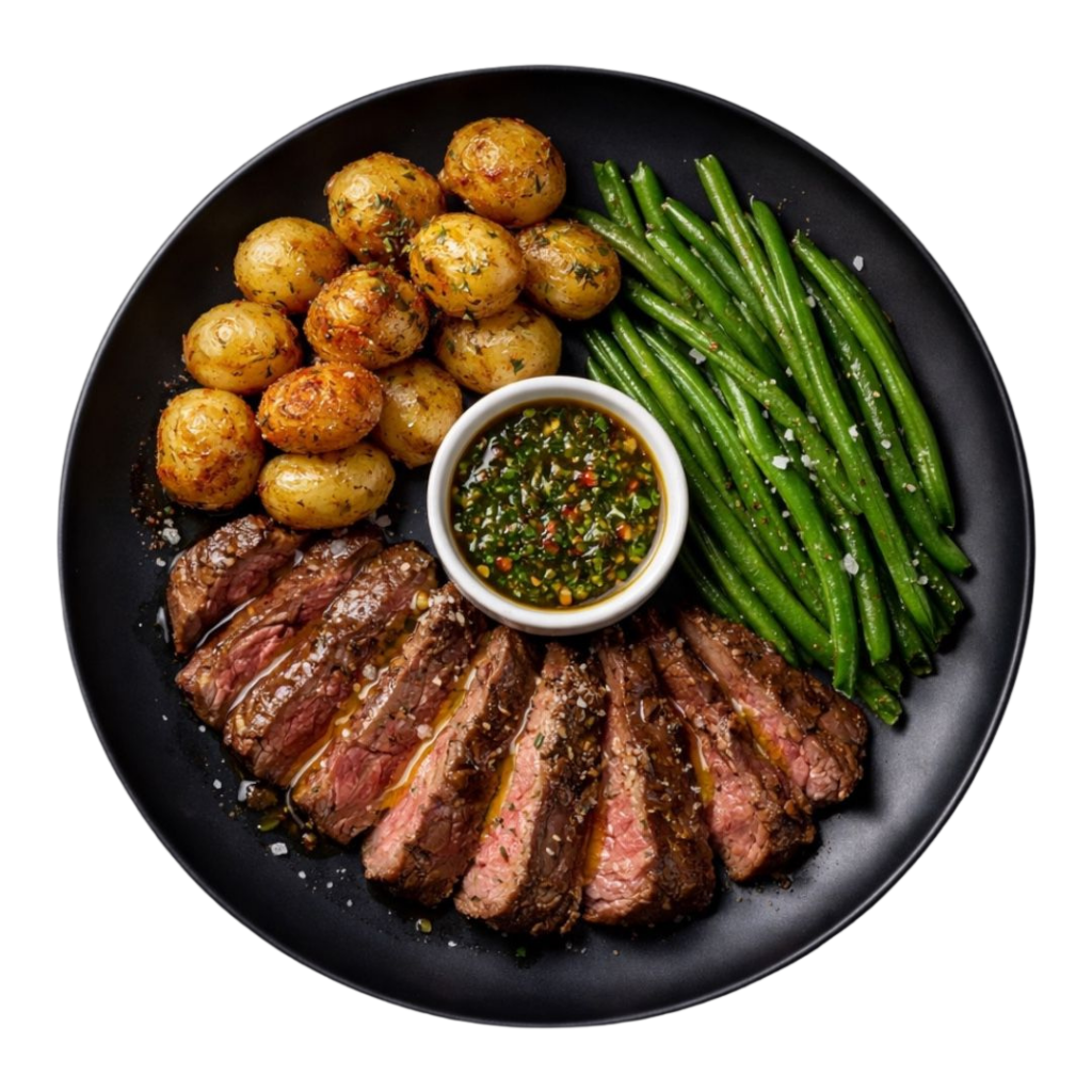 bavette de boeuf chimichurri fumé, pommes grenaille rôties et haricots verts croquants