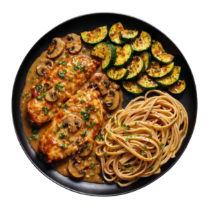 poitrine de poulet aux champignons, sauce marsala légère au skyr, linguine intégrale et poêlée de courgettes grillées