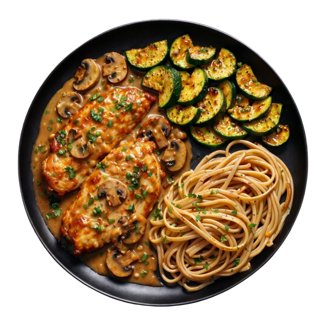 poitrine de poulet aux champignons, sauce marsala légère au skyr, linguine intégrale et poêlée de courgettes grillées