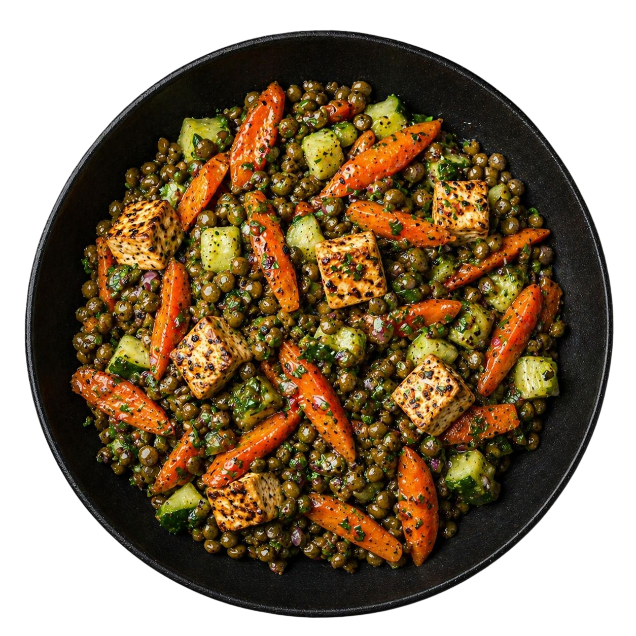 Salade de lentilles vertes, carottes rôties & tofu grillé au miel