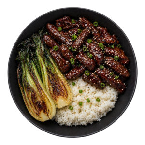 Bœuf mongolien miel soja, riz parfumé et pak choï braisé