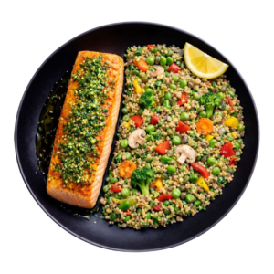 saumon au four citronnelle aneth, gremolata, quinoa tricolore aux légumes croquants