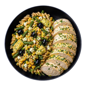 Fusilloni intégral au poulet aux herbes, sauce yaourt basilic frais maison deliverfit