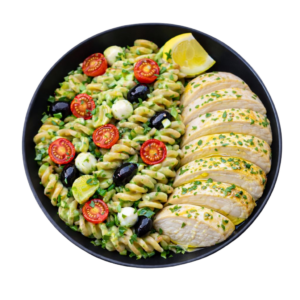 Fusilloni intégral au poulet aux herbes, sauce yaourt basilic frais maison deliverfit