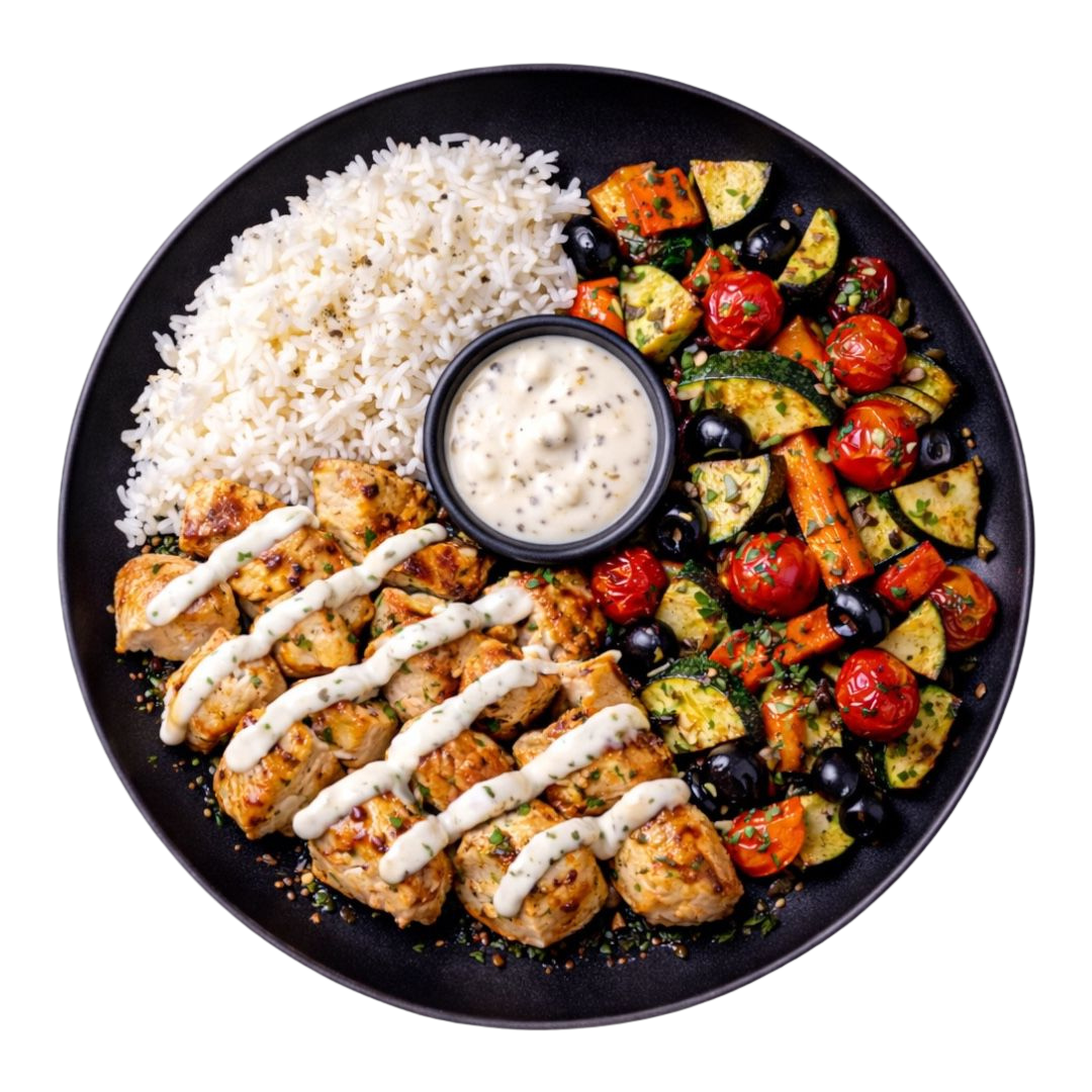 Émincé de poulet au four, riz parfumé & légumes confits, sauce yaourt parmesan truffé maison