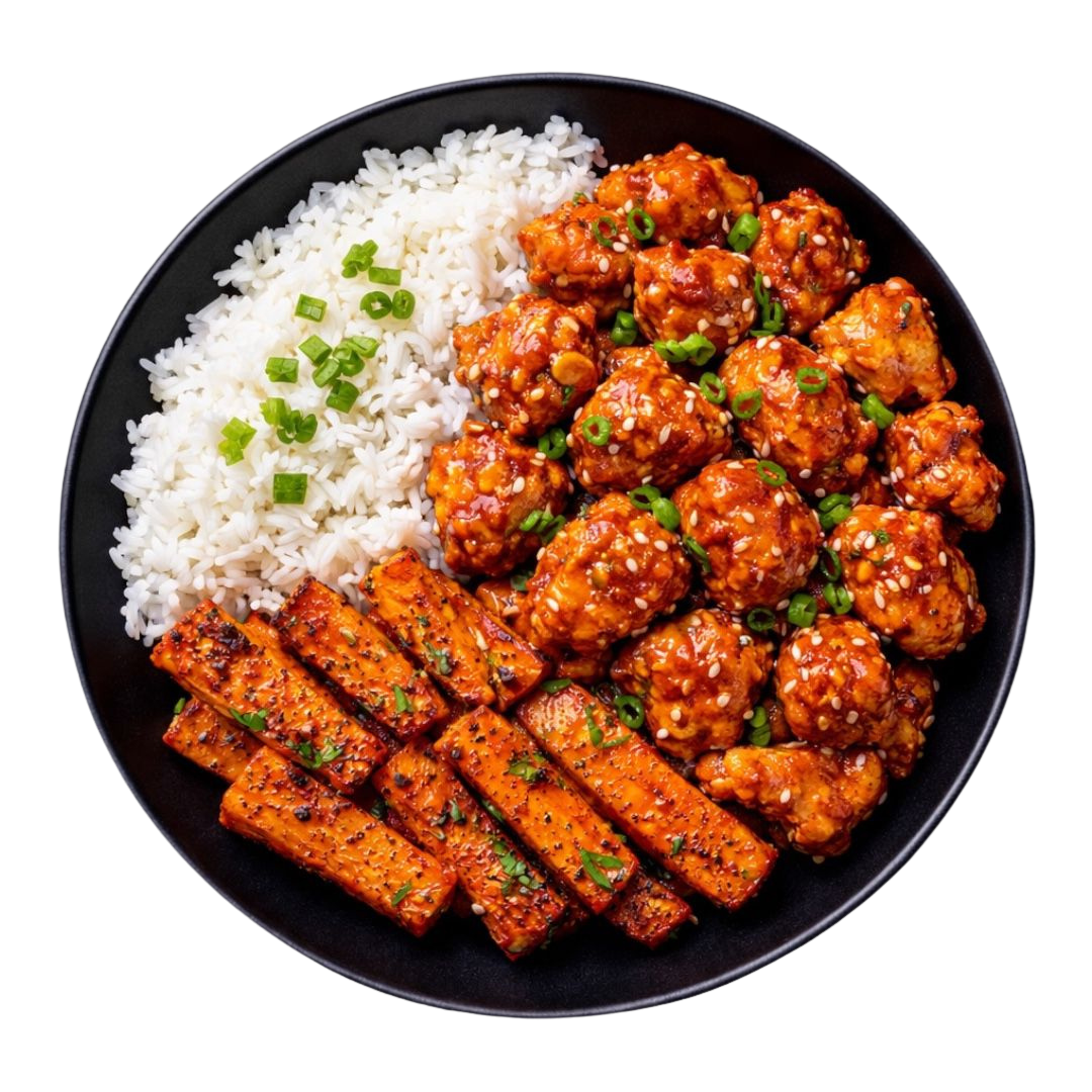 Poulet épicé croustillant miel-sriracha, riz parfumé et carottes rôties