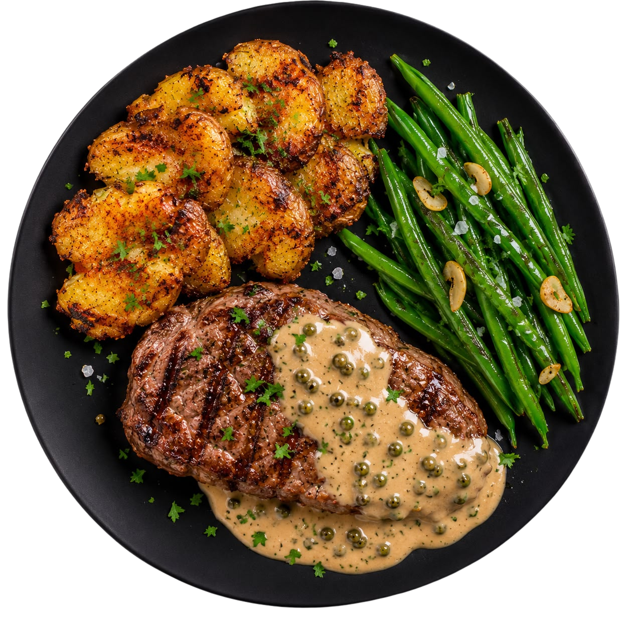Steak de bœuf grillé, sauce poivre vert allégé, pommes de terre smash au paprika fumé, haricots vert à l'ail