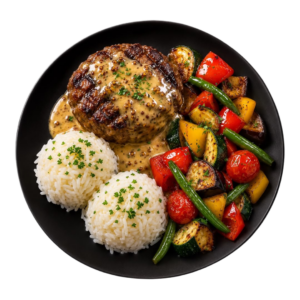 Steak de poulet haché grillé, sauce allégé à la moutarde ancienne, riz jasmin, légumes croquants