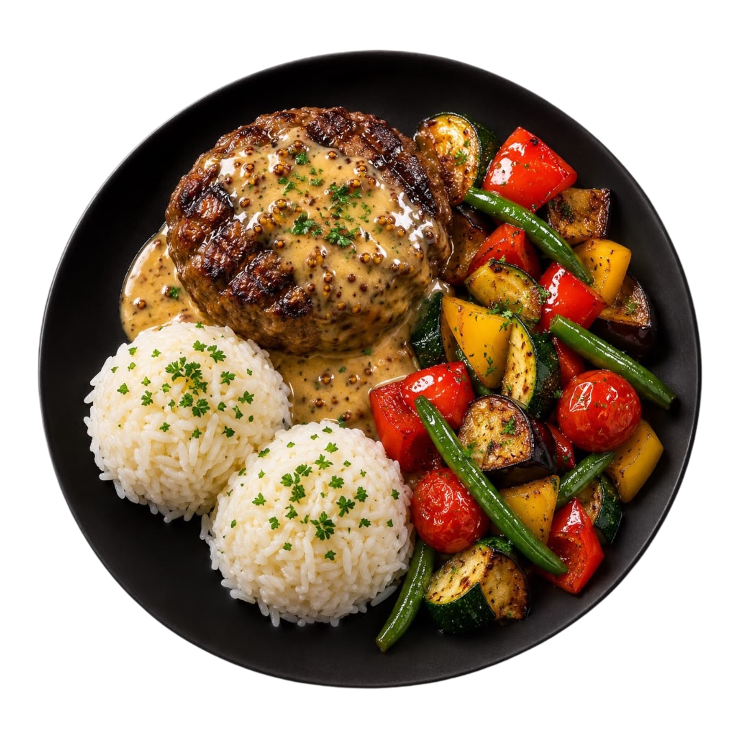 Steak de poulet haché grillé, sauce allégé à la moutarde ancienne, riz jasmin, légumes croquants