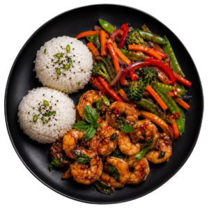 Crevettes sautées basilic thai, riz jasmin & légumes croquants