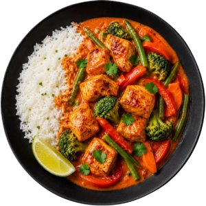 Poulet thai au curry rouge, riz jasmin & légumes croquants