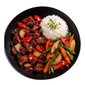 Bœuf de pékin laqué, riz jasmin et légumes croquants sautés
