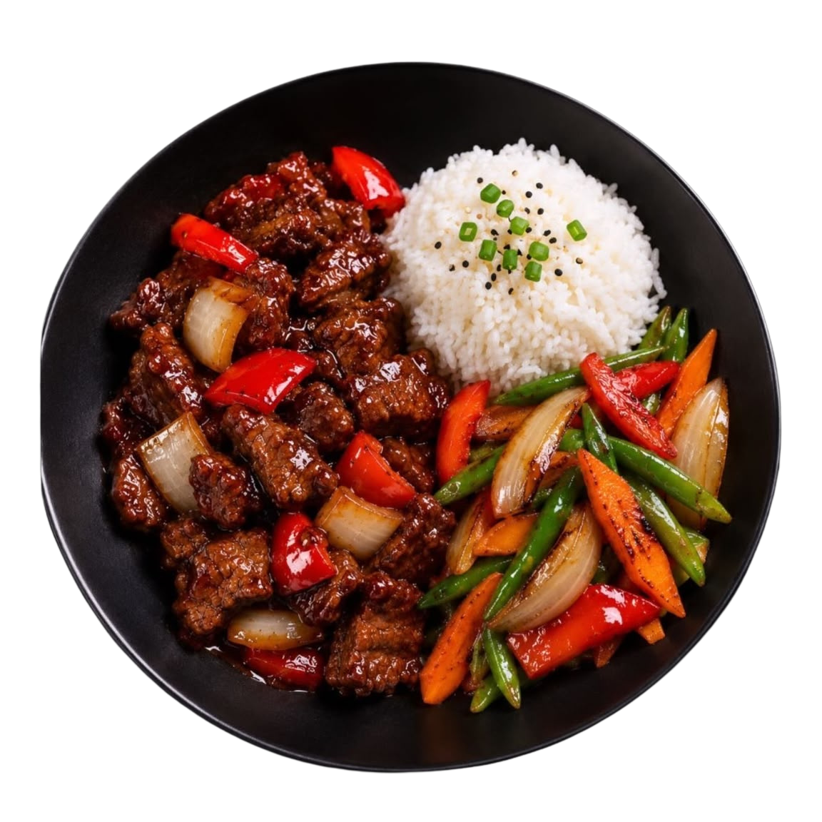 boeuf de pékin laqué, riz jasmin et légumes croquants sautés