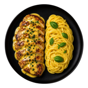 Poitrine de poulet sauce allégé 7% crémeuse citron & safran, spaghetti intégral