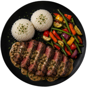 Rumsteck de bœuf grillé, sauce au poivre vert allégée, riz jasmin et légumes