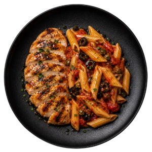 Poitrine de poulet grillée, penne intégrales à la puttanesca