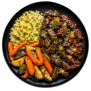 Émincé de bœuf au citron confit et menthe, semoule et légumes rôtis