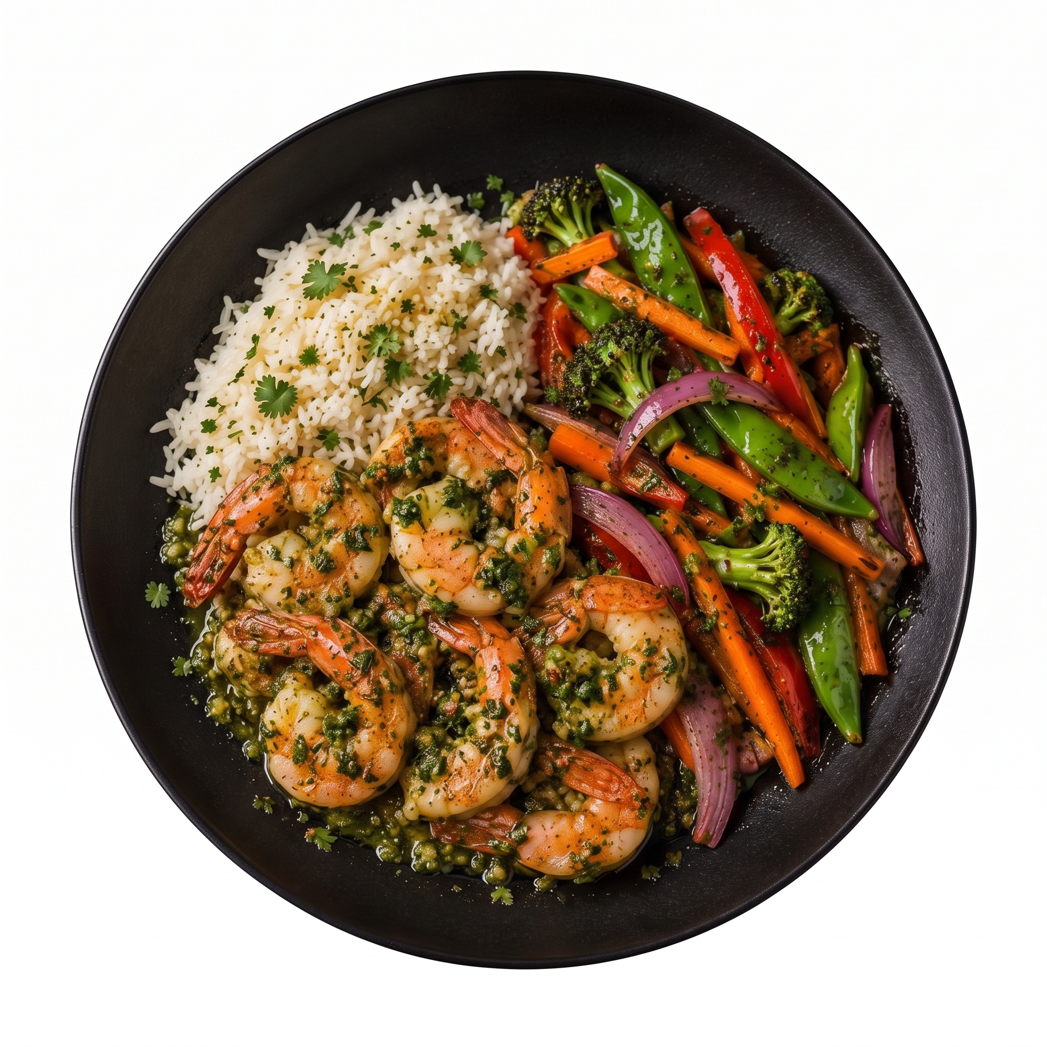 crevettes sautées sauce ail rôtie & persil, riz jasmin et légumes croquants