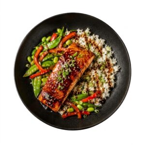 Saumon laqué miso, riz jasmin et légumes croquants