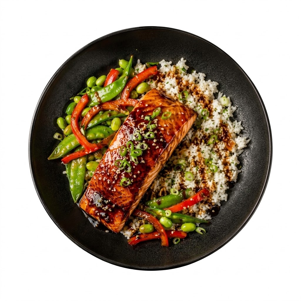 Saumon laqué miso, riz jasmin et légumes croquants